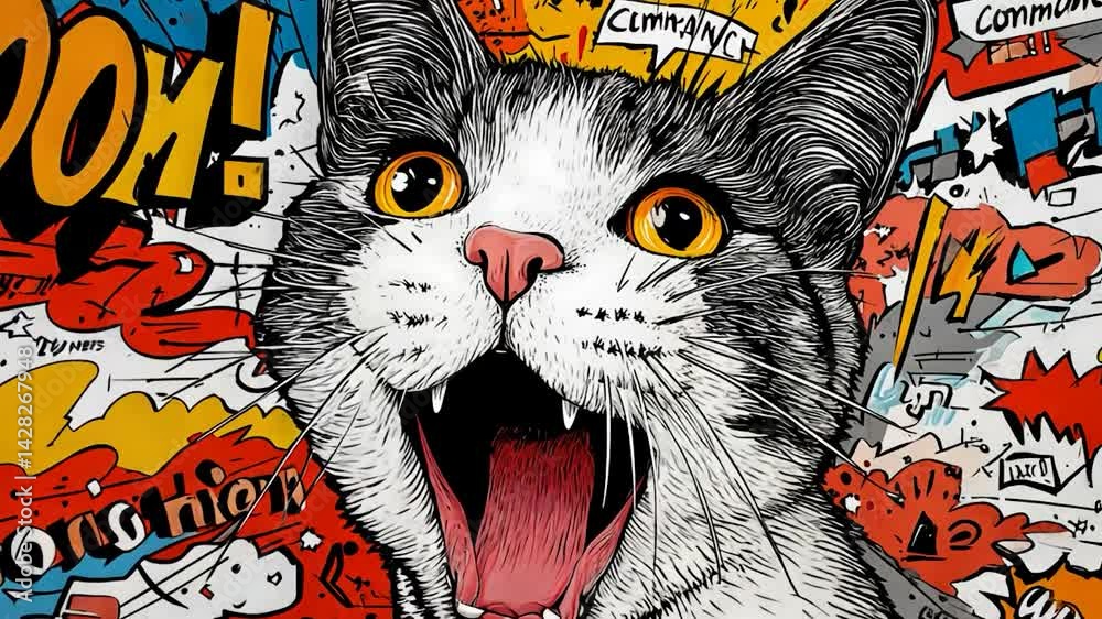 Comic cat with open mouth and surprised expression, surrounded by pop art