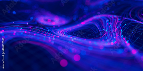 Closeup of Big data swirl patterns in futuristic cyberspace. Whirl flow of data in quantum digital network. Neon qubit stream with DOF.