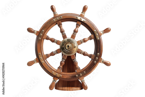 Classic wooden ship wheel nautical decor maritime antique brown brass sea on transparent background photo