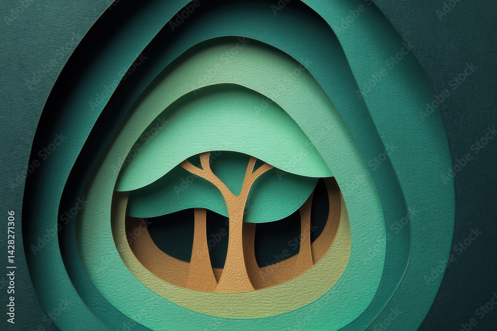 Green Tree Paper Cutout in Layered Nature Design – Symbol of Ecology and Environmental Conservation