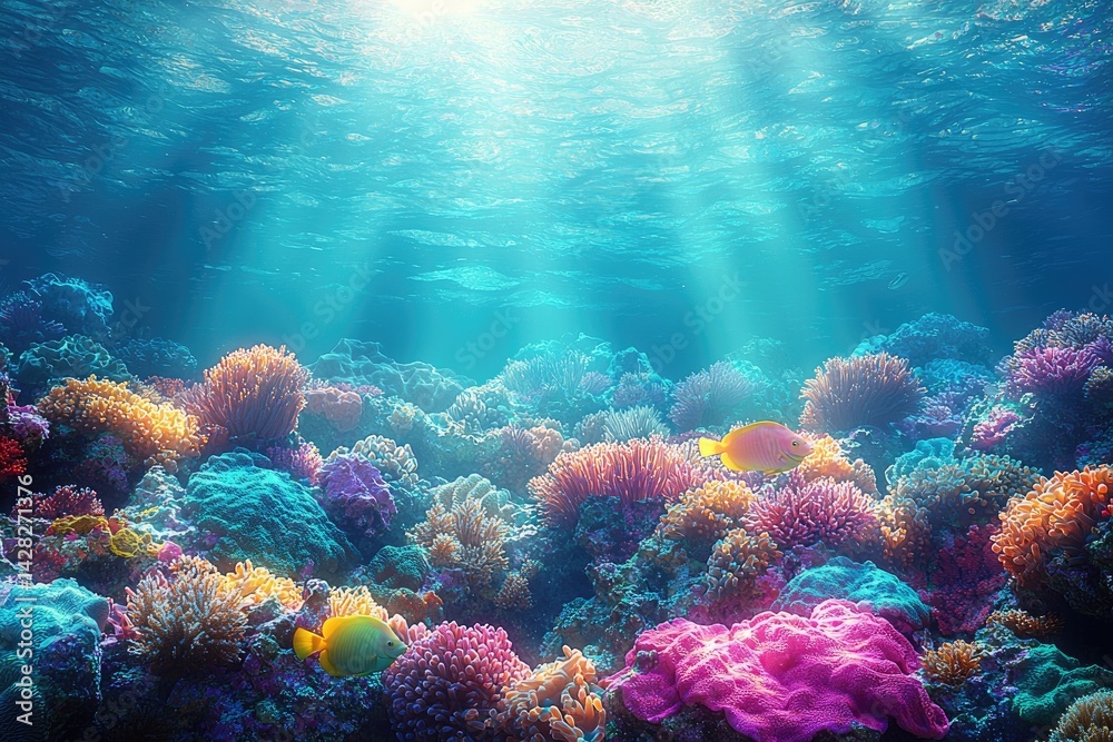 Fototapeta premium Underwater scene features vibrant coral reefs and sunshine illuminating the water