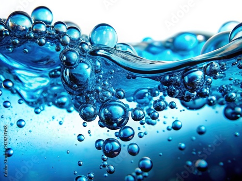 Macro Photography: Sparkling Blue Water Bubbles, Clean Refreshing Surface, White Background, Urban Exploration