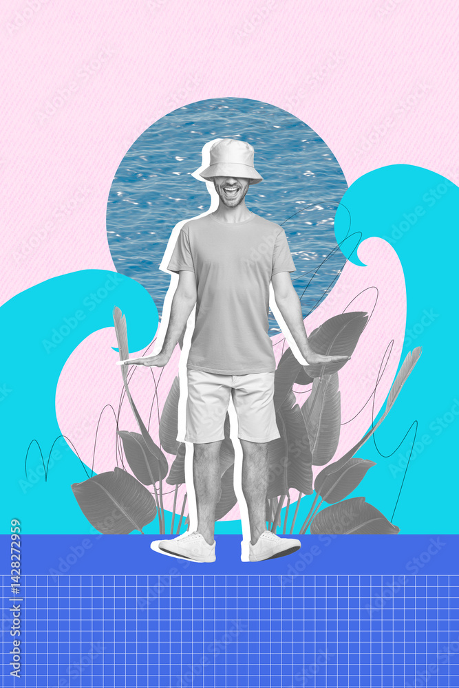 Pop image sketch 3d collage poster of happy man wear panama stand beach sea pool summer palm exotic leaves summer chill vibe