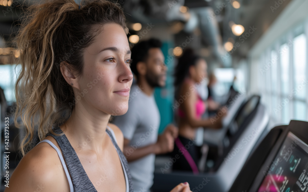 A fit person is jogging and sweating on a treadmill in gym, with others exercising in the background, showing active fitness lifestyle. Great cardio workout for stress relieved and health improved. A fit person is jogging and sweating on a treadmill in gym, with others exercising in the background, showing active fitness lifestyle. Great cardio workout for stress relieved and health improved.