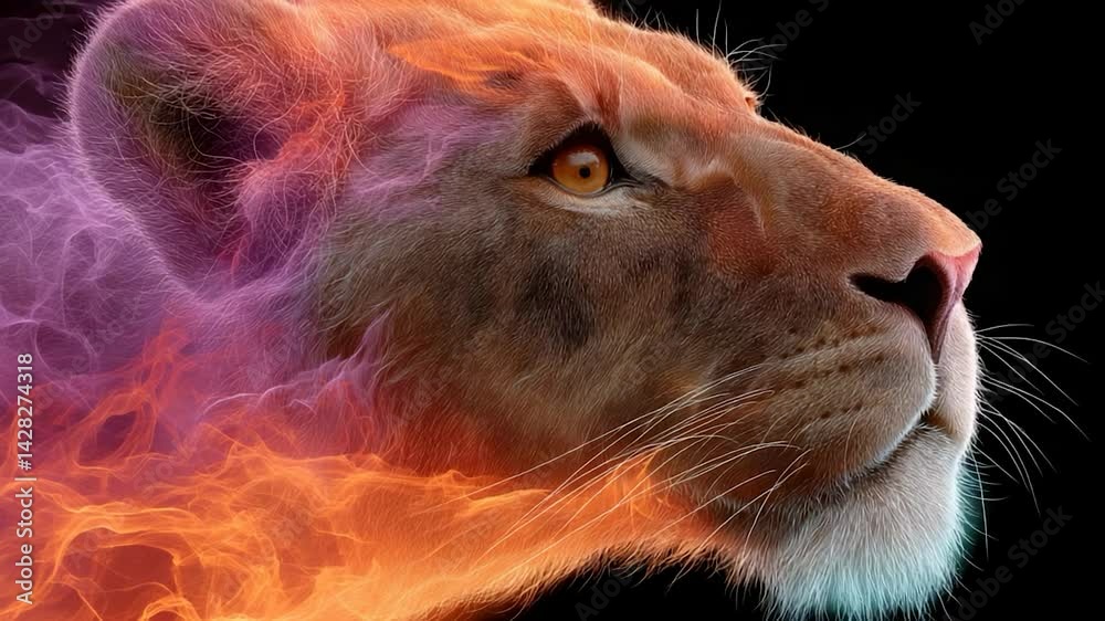 Fiery lioness with burning mane, radiant, gazing up with intense eyes