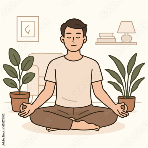 Man meditating at home surrounded by plants