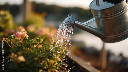 A metal watering can pours water over colorful garden flowers in golden hour light. The scene is calm --ar 16:9 --raw --profile rsi4yf2 --stylize 200 --v 7 Job ID: 45e2ffe8-a292-41aa-8b8f-883835a09426