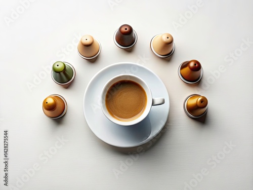 Minimalist Coffee Cup Capsules White Background -  Hot Coffee Espresso Pods Still Life Photography