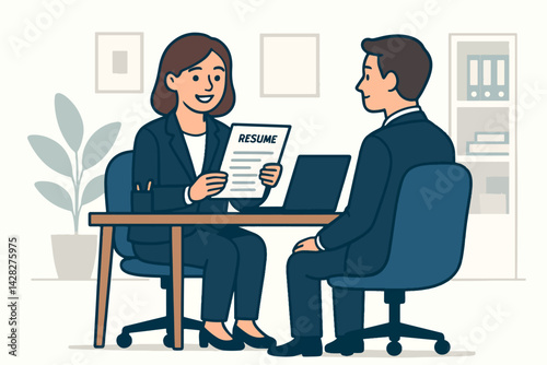 Interview in an office a woman is holding a resume and the candidate is listening