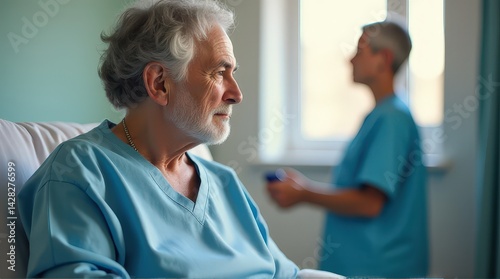 Wallpaper Mural Elderly caucasian male patient in hospital scrubs observing room with nurse in background. Torontodigital.ca