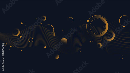 Luxury abstract background featuring golden circles with smooth dark waves for a rich modern look