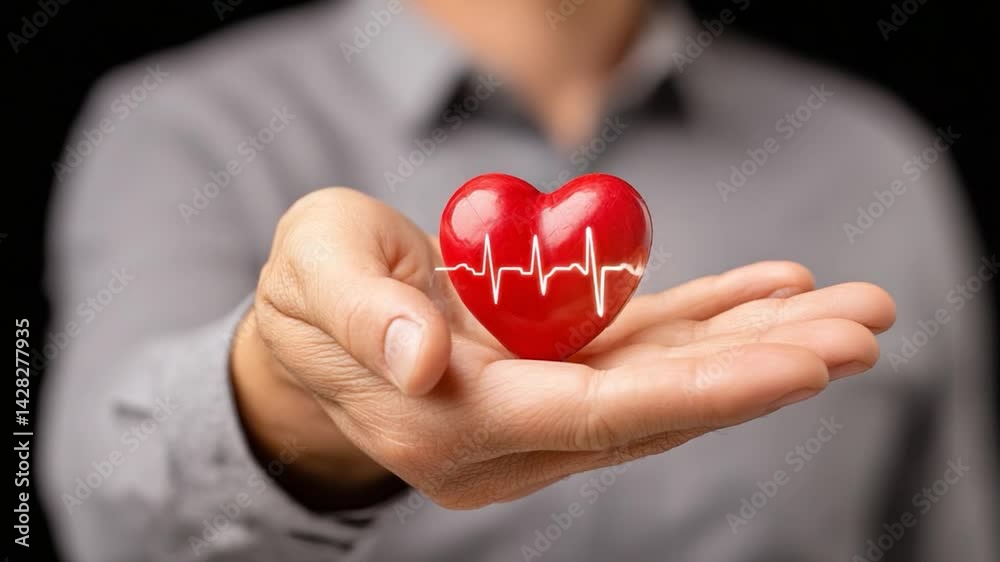 Hand holding a red heart with a heartbeat line, against black backdrop