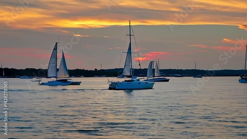 A peaceful golden hour scene with catamarans and yachts gently floating on calm water, bathed in the warm glow of the setting sun