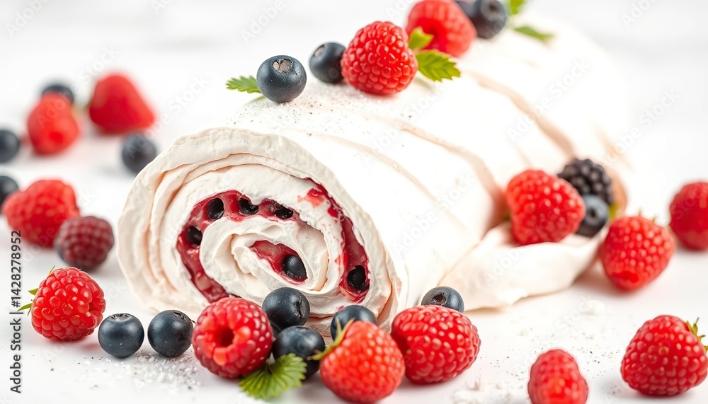 Meringue roll, meringue, decorated with berries, drizzled with yellow syrup, decorated with mint leaves, on a white background. Dessert. Advertising for posters, posters, billboards, calendars Meringue roll, meringue, decorated with berries, drizzled with yellow syrup, decorated with mint leaves, on a white background. Dessert. Advertising for posters, posters, billboards, calendars