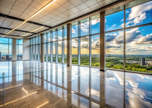 Modern Empty Office Space  Large Windows  Panoramic View  Minimalist Design  Architectural Photography  Commercial Real Estate  Office Interior Design