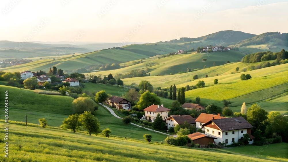 Fototapeta premium Village houses on green rolling hills with trees in countryside. Rural summer landscape with farmland and nature. Design for postcard, wallpaper, print, banner