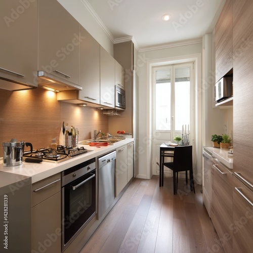 Modern and Stylish Kitchen Interior with Sleek Cabinets  Bright Lighting  and Minimalist Decor in a Cozy Urban Setting for Contemporary Living Spaces