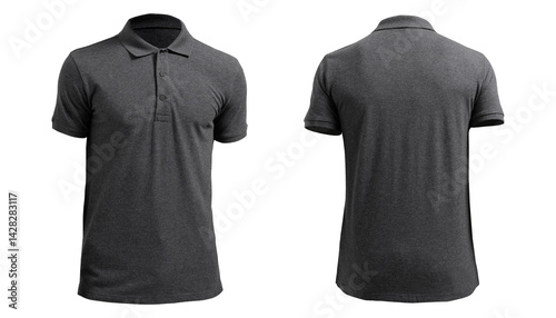 men's dark grey polo shirt or golf shirt with ghost style model isolated on transparent background seen from front and back view
