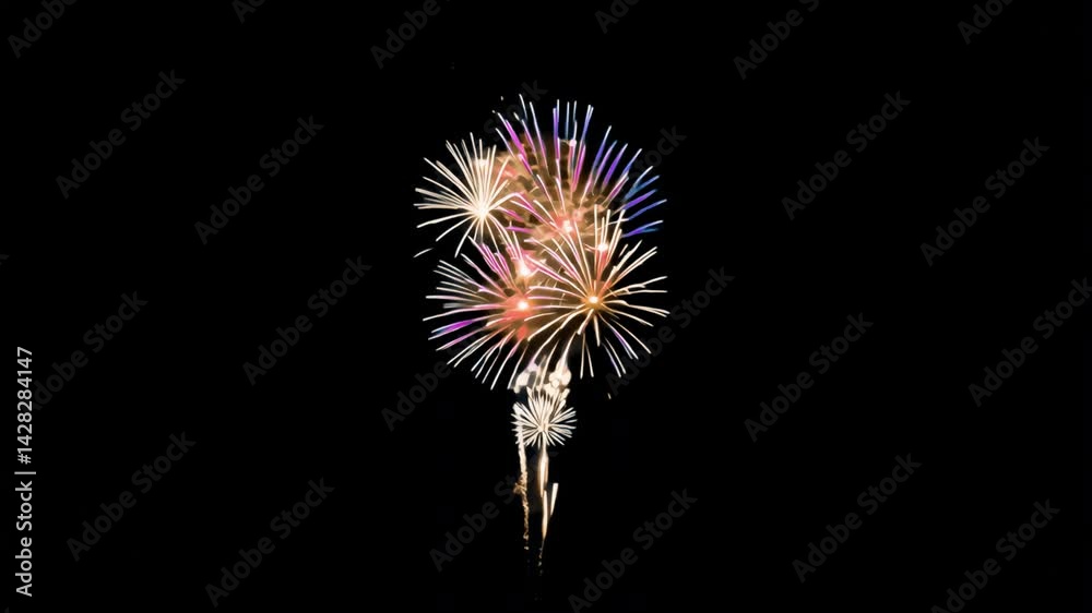 Vibrant fireworks display night animated overlay, transparent 4K video, alpha channel, ProRes 4444