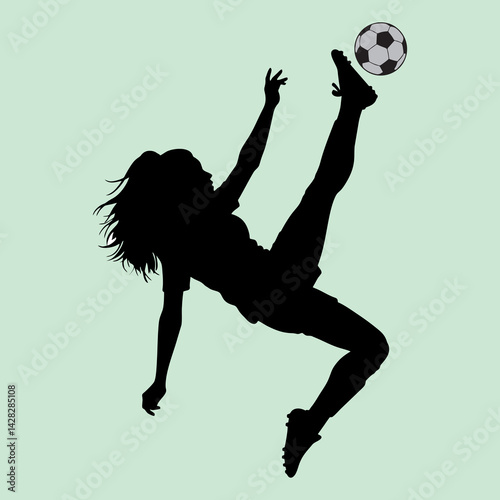 A silhouette illustration of a female soccer player kicking a ball in a somersault style.