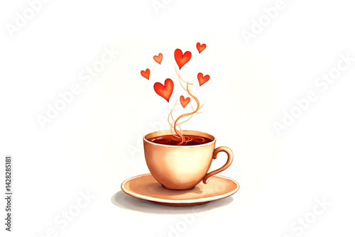 Warm and inviting coffee moment - steam hearts rising from a rich dark brew in a cozy brown cup