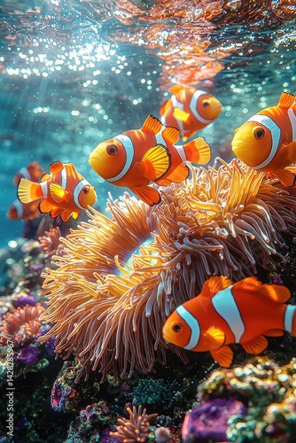 Several orange and white fish swimming near a coral reef