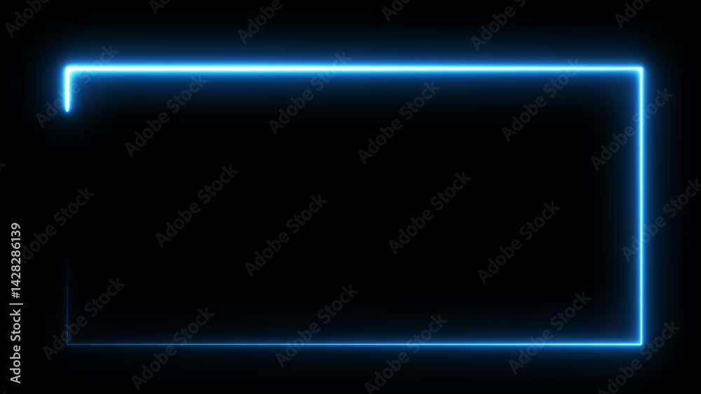 rotating and looping motion animation, flashing lights with blue neon light, rectangular frame border banner with dark background