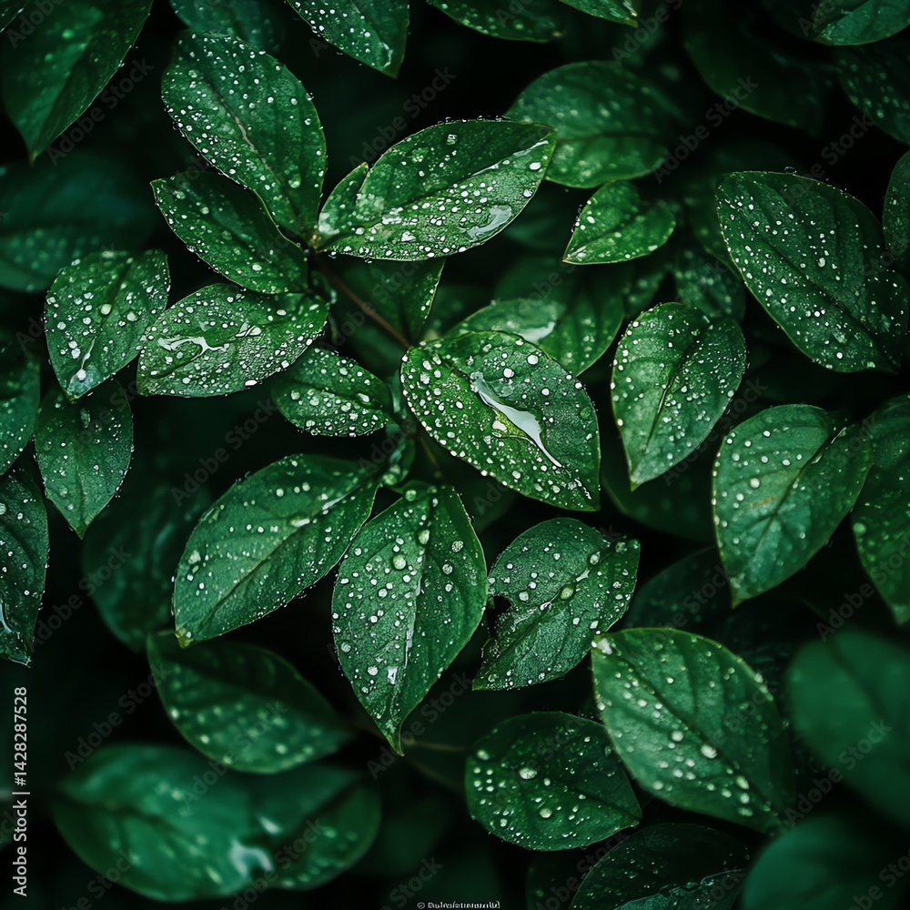 Fototapeta premium Closeup of Fresh Green Leaves Covered in Raindrops