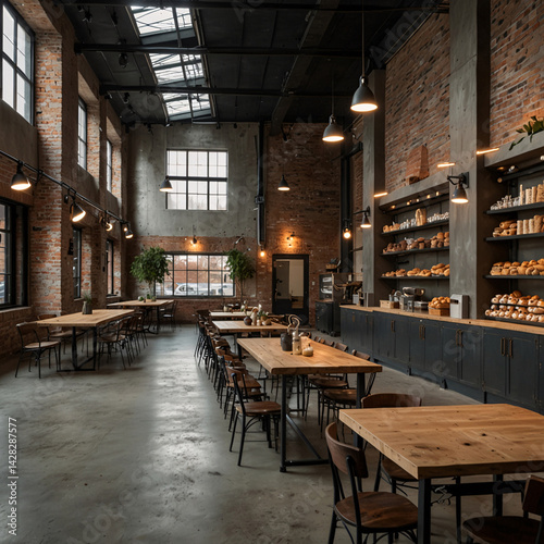 industrial style bakery interior with bread pastries assortment on wooden table with simple chairs and cozy brick wall decor premium cafe and kitchen interior design