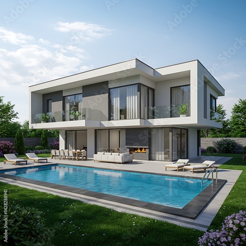 Contemporary Luxury Villa with Large Windows and Pool Surrounded by Lush Green Landscaped Garden