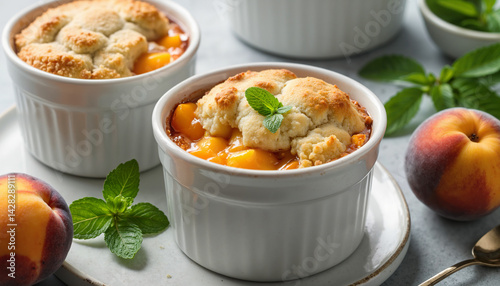 Peach cobbler dessert baked in white ramekins garnished with mint leaves, surrounded by ripe peaches, ideal for elegant food styling and seasonal dessert inspiration