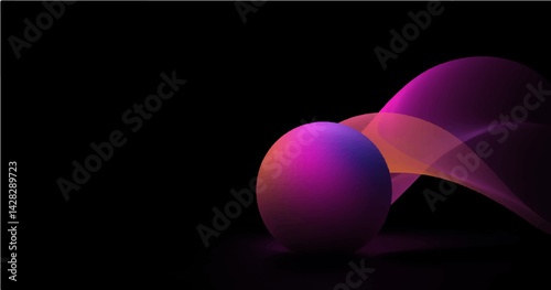Create a vector illustration featuring an abstract composition on a solid black background. The main element is a smooth sphere with a volumetric appearance achieved through color gradients. Extending