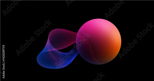 Create a vector illustration featuring an abstract composition on a solid black background. The main element is a smooth sphere with a volumetric appearance achieved through color gradients. Extending