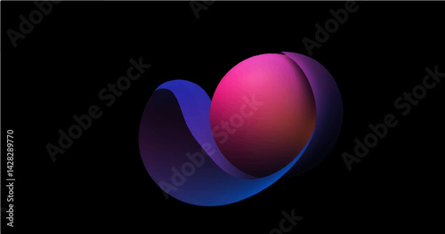 Create a vector illustration featuring an abstract composition on a solid black background. The main element is a smooth sphere with a volumetric appearance achieved through color gradients. Extending