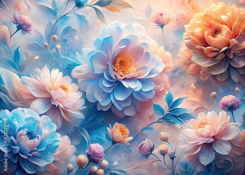 Pastel Floral Abstract Portrait, Soft Flowing Lines, Elegant Blue Pink Orange Flower Art