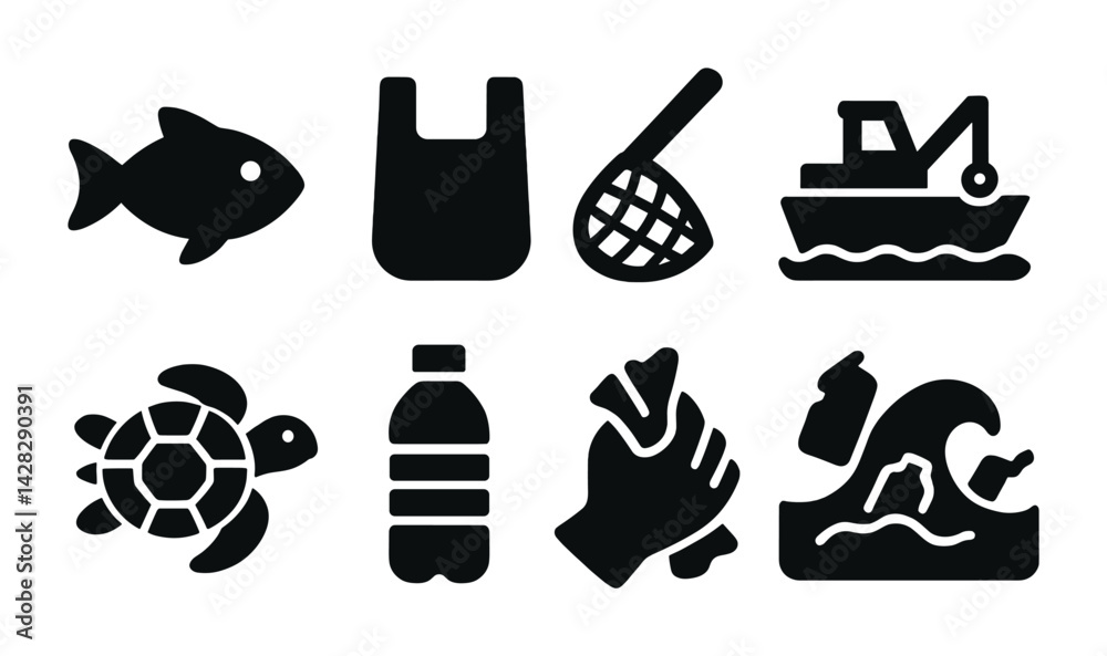 Marine conservation filled icons set – solid style ocean cleanup, wildlife protection, and environmental awareness symbols: fish, plastic bag, fishing net, boat, turtle, bottle, hands, wave.