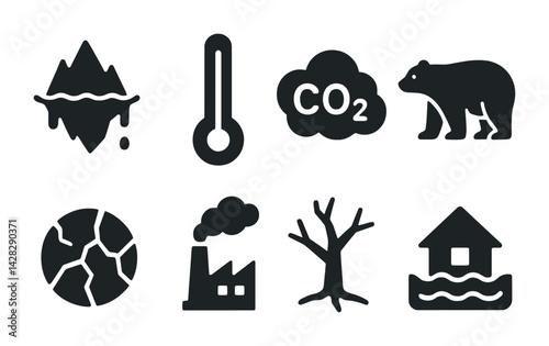 Climate change solid icons set – filled style environmental impact, global warming, and ecology symbols: melting glacier, thermometer, co2 cloud, polar bear, cracked earth, factory, barren tree,