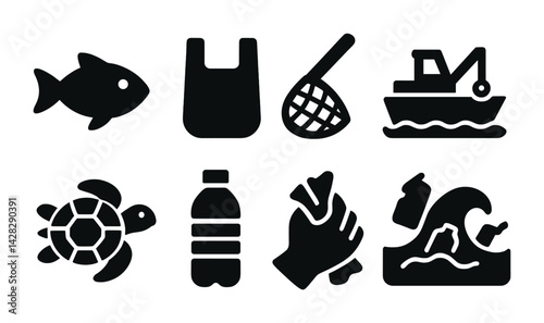 Obraz na płótnie Marine conservation filled icons set – solid style ocean cleanup, wildlife protection, and environmental awareness symbols: fish, plastic bag, fishing net, boat, turtle, bottle, hands, wave. w salonie