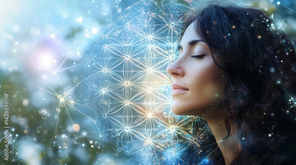 Young woman with Glowing sacred geometric sphere featuring Flower of Life pattern