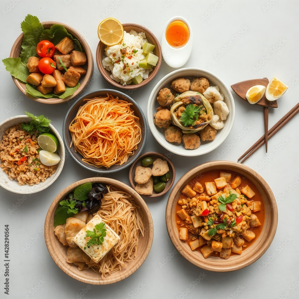A delicious and healthy assortment of Asian fusion dishes is artfully arranged on a light gray background for a food blog or cookbook. A delicious and healthy assortment of Asian fusion dishes is artfully arranged on a light gray background for a food blog or cookbook.