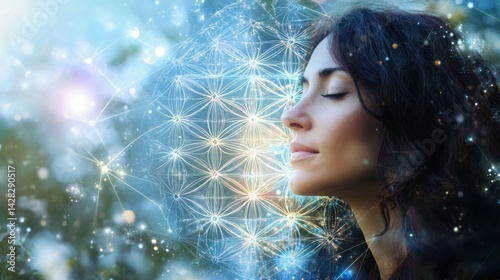 Obraz na płótnie Young woman with Glowing sacred geometric sphere featuring Flower of Life pattern w salonie