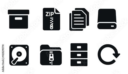 Data storage and backup solid icons set – flat style file management, digital security, and storage solutions symbols: hard drive, cloud, folder, backup, archive, zip, sync.