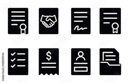 Business documents solid icons set – flat style office, agreement, and certification symbols for professional use: contract, handshake, signed document, checklist, invoice, profile, folder