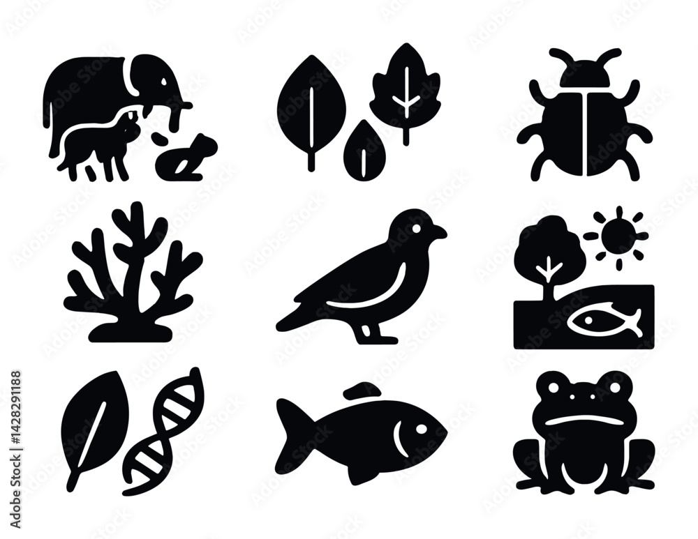 Fototapeta premium Wildlife conservation solid icons set – silhouette nature, ecology, and biodiversity symbols for environmental awareness: elephant, leaves, beetle, coral, bird, dna, fish, frog.