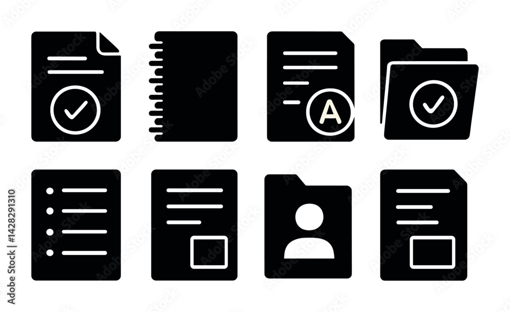 Obraz premium Document management silhouette icons set – solid style for efficient office workflow, data organization, and digital file handling: checklist, notebook, text file, folder, user profile, document.