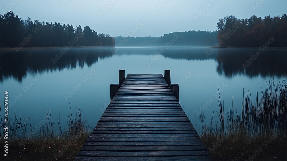 Fototapeta premium Pier Leading to Calm Lake on Misty Morning for Serene Landscape