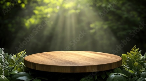 A wooden platform surrounded by lush greenery and soft sunlight filtering through trees.