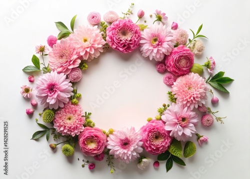 Pink Flower Wreath, Elegant Floral Arrangement, White Background, Architectural Photography Style