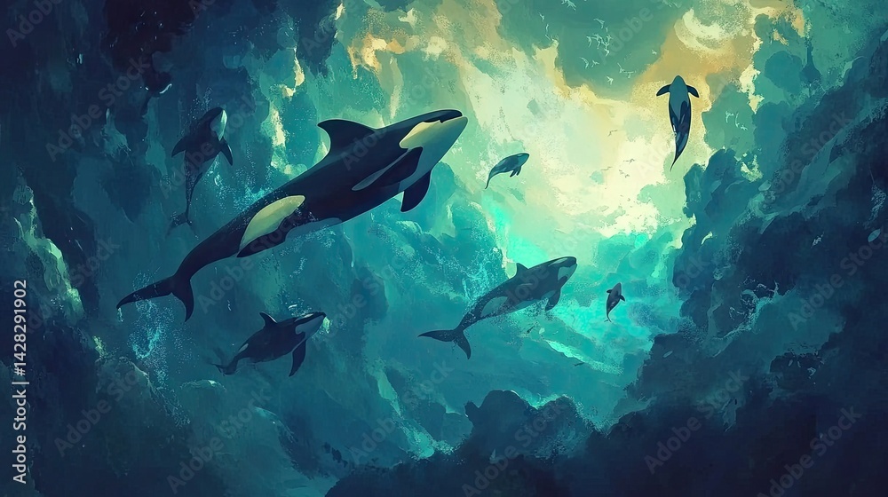 Fototapeta premium Orcas gracefully navigate an ethereal underwater realm.