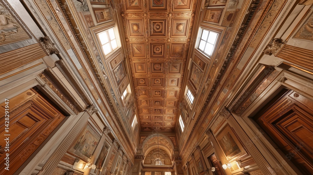 Obraz premium Abstract photorealistic detail of Santa Maria Maggiore's famous gilded coffered ceiling in Rome. Luxurious gold texture and geometric patterns for backgrounds or design focus.